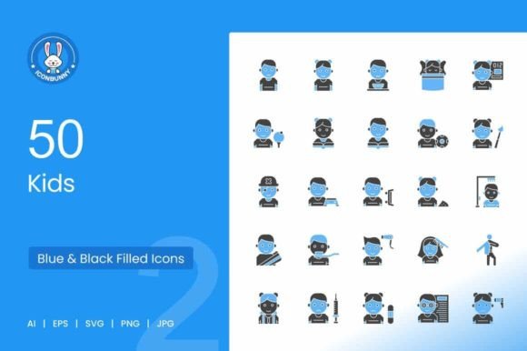 50 Kids Blue Black Icons: A Versatile Visual Toolkit for Modern Design Projects