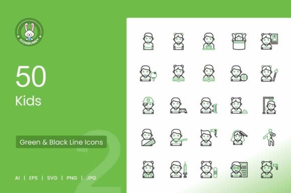 50 Kids Green Black Icons: Versatile Vector Assets